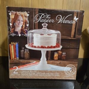 The Pioneer Woman White Milk Glass Cake Stand with Glass Cover 10"